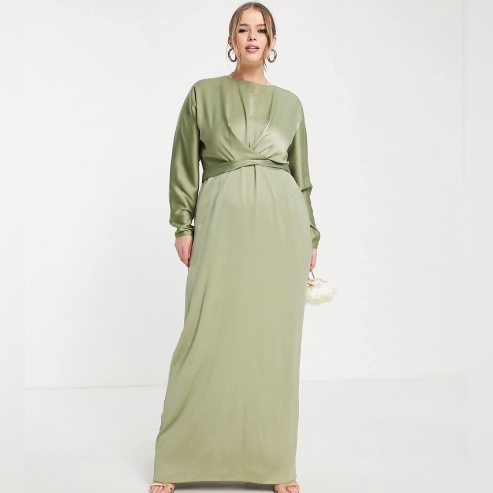 ASOS Satin Maxi Dress in sage with batwing sleeve